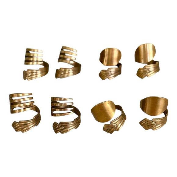 Vintage Brass Fork & Spoon Napkin Rings Set of 8 Handcrafted Flatware Wrap Style - Picture 2 of 3